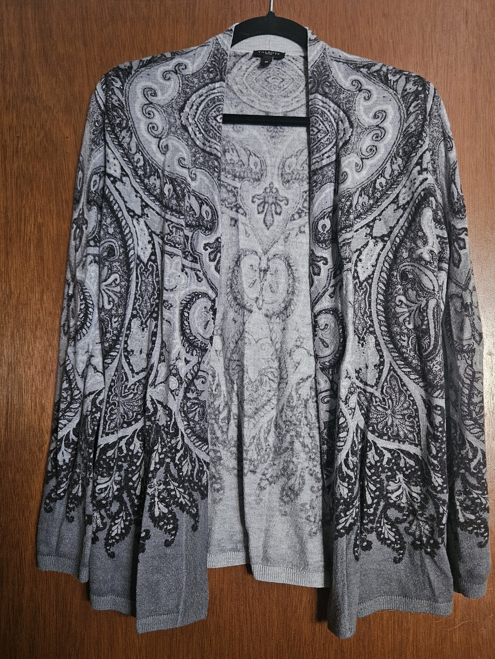 Talbots Gray and Black Paisley Open-Front Cardigan